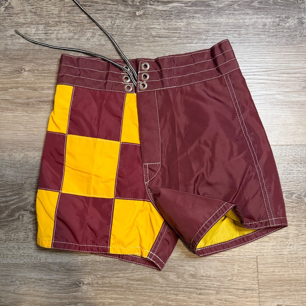 Birdwell Beach Britches Board Shorts Mens 25 Burgundy Checkered Made in USA